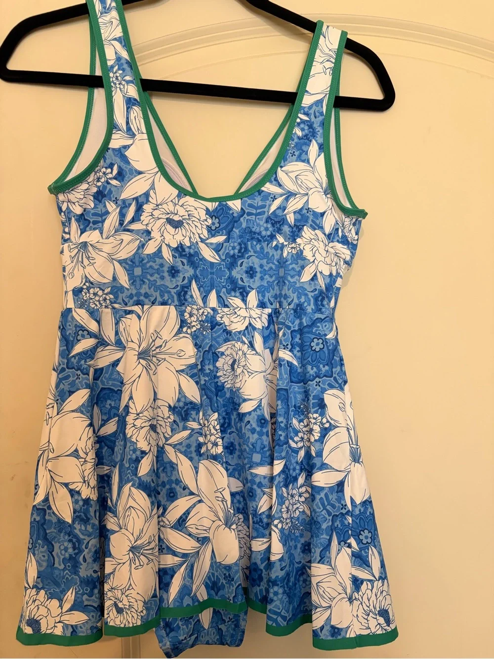 Johnny Was Blue and White Floral One-Piece Swimdress with Green Trim
